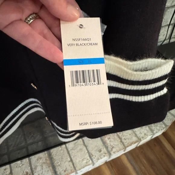 Nanette Lepore Black & Cream Varsity Cardigan Sweater Size XL NWT - Picture 10 of 11